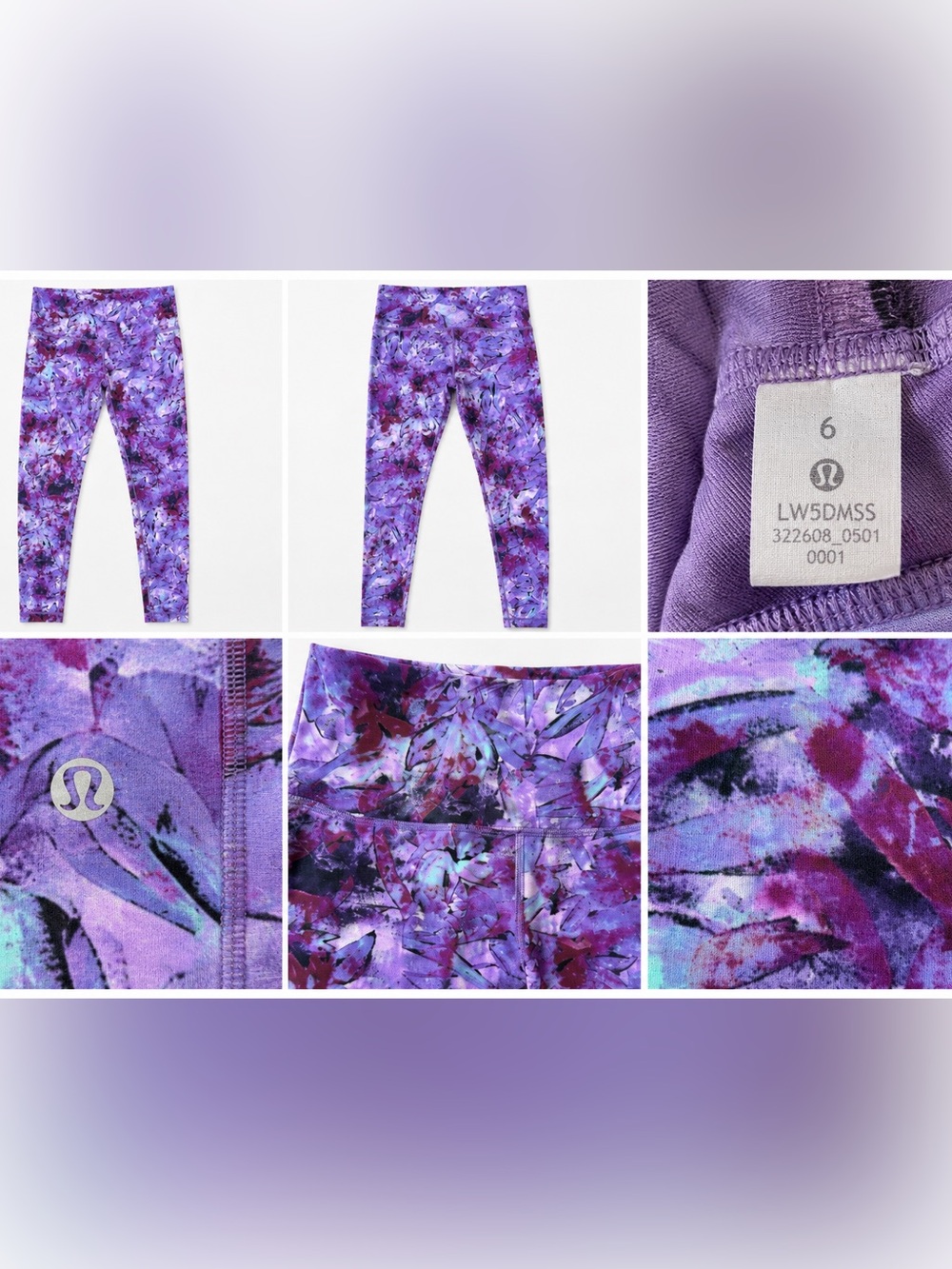 Lululemon Wunder Under High Rise Tight Purple Watercolor Floral Leggings size 6
